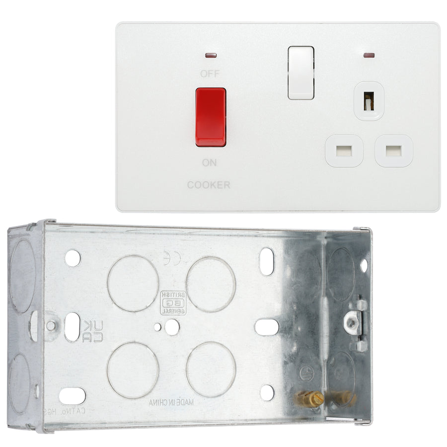 BG Evolve Pearlescent White 45A Switch 13A Switched Socket Cooker Control Unit PCDCL70W with 35mm Steel Back Box