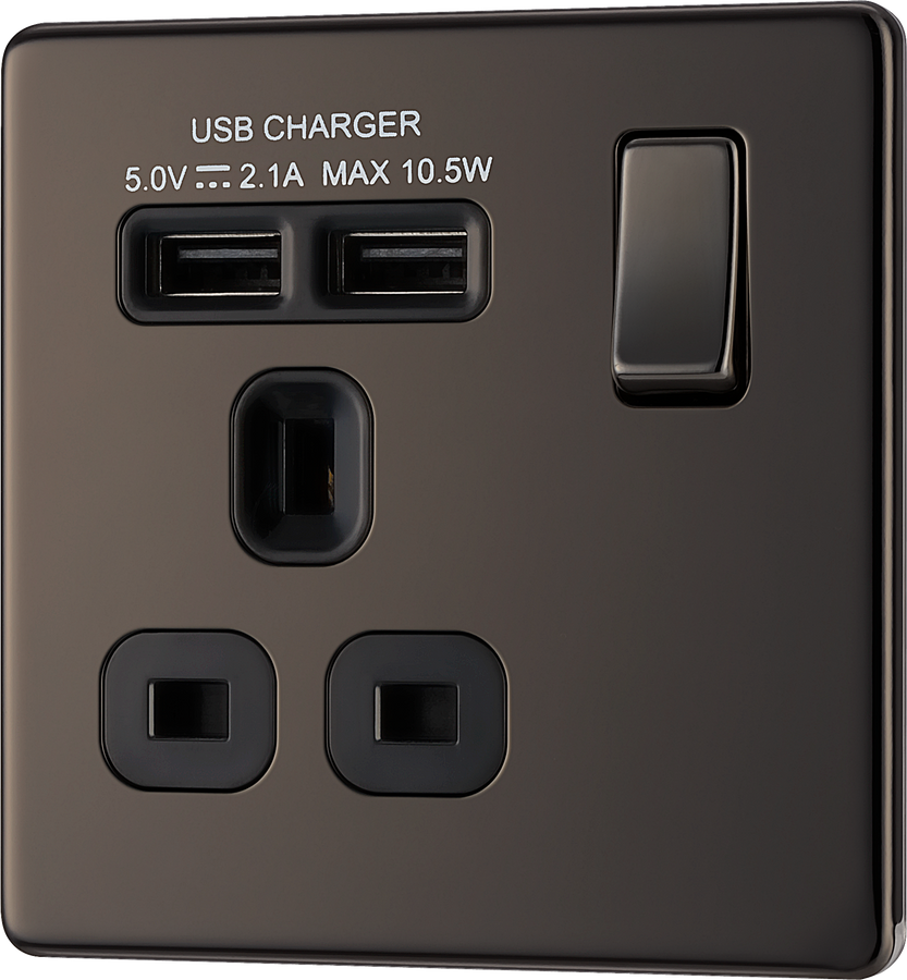 BG FBN21U2B Nexus Screwless Flat-Plate Single Switched Plug Socket 2.1A ...