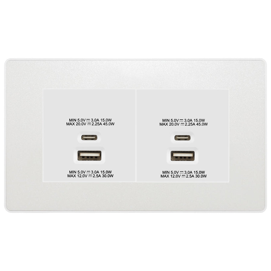 BG Evolve Pearlescent White 4G Faceplate with 45W USB A+C Charger Modules