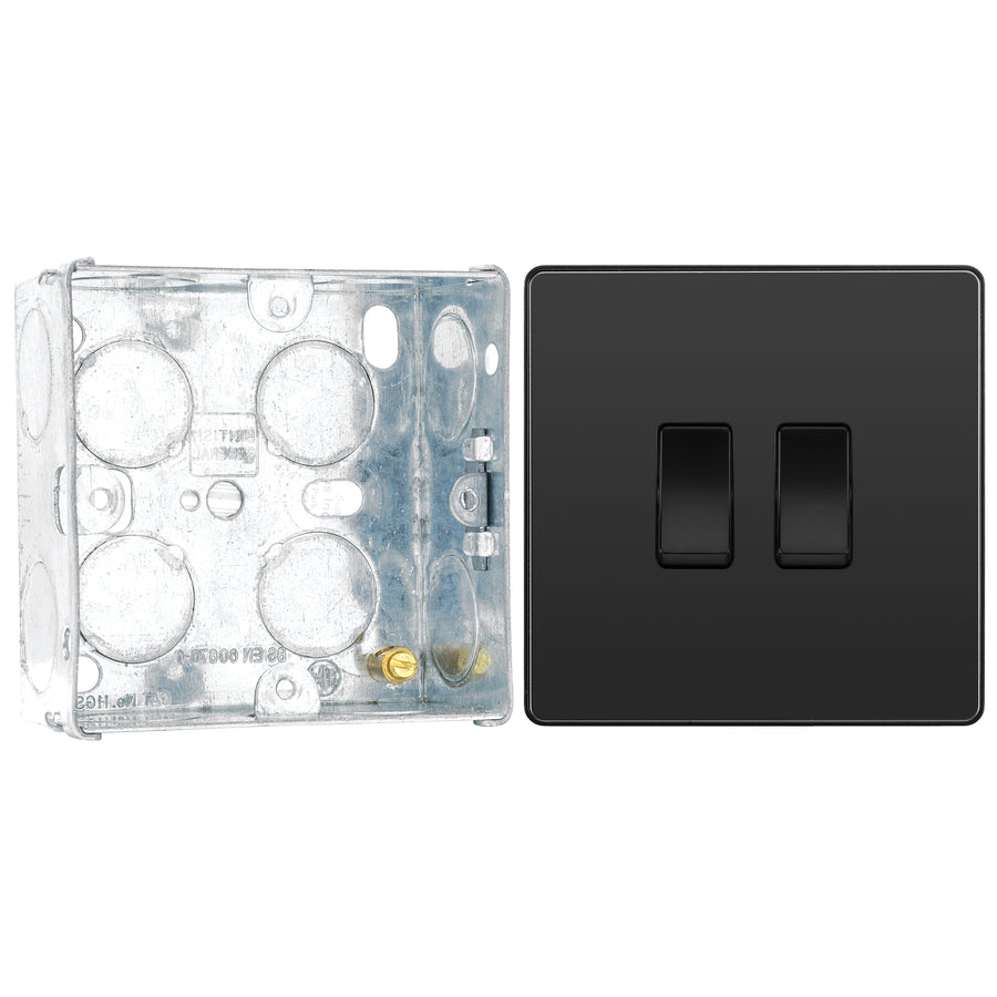 BG Evolve Black Chrome 2 Gang 20A 16AX 2 Way Light Switch PCDBC42B with 35mm Steel Back Box