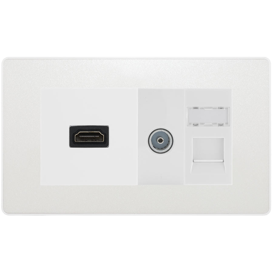 BG Evolve Media Wall Plate — TV Aerial, HDMI & CAT6 | Pearlescent White Screwless