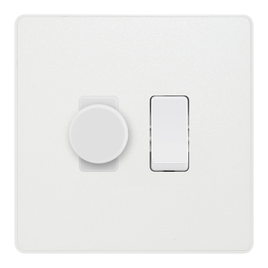 BG Evolve Pearlescent White 2 Gang Light Switch 1x Trailing Edge LED Dimmer 1x 2 Way Custom Switch
