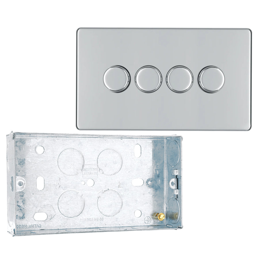 BG Screwless Polished Chrome 200W 2 Way Quadruple Trailing Edge Dimmer Switch FPC84 with 25mm Steel Back Box