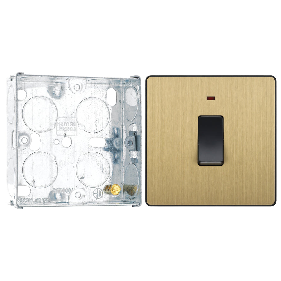 BG Evolve Satin Brass 20A Double Pole Switch with Neon PCDSB31B with 25mm Steel Back Box