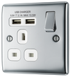 NPC21U2W Front - This 13A single power socket from British General comes with two USB charging ports allowing you to plug in an electrical device and charge mobile devices simultaneously without having to sacrifice a power socket.