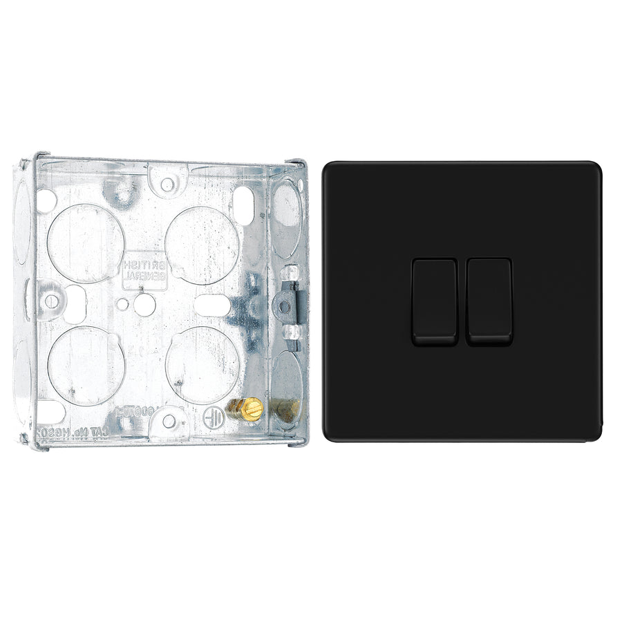 BG Screwless Matt Black 20A 16AX 2 Way Double Light Switch FFB42 with 25mm Steel Back Box