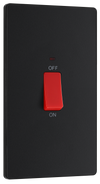 PCDMB72B Front - This Evolve Matt Black 45A double pole switch with indicator from British General is ideal for use with cookers and has a large mounting plate measuring 146mm high x 86mm wide.