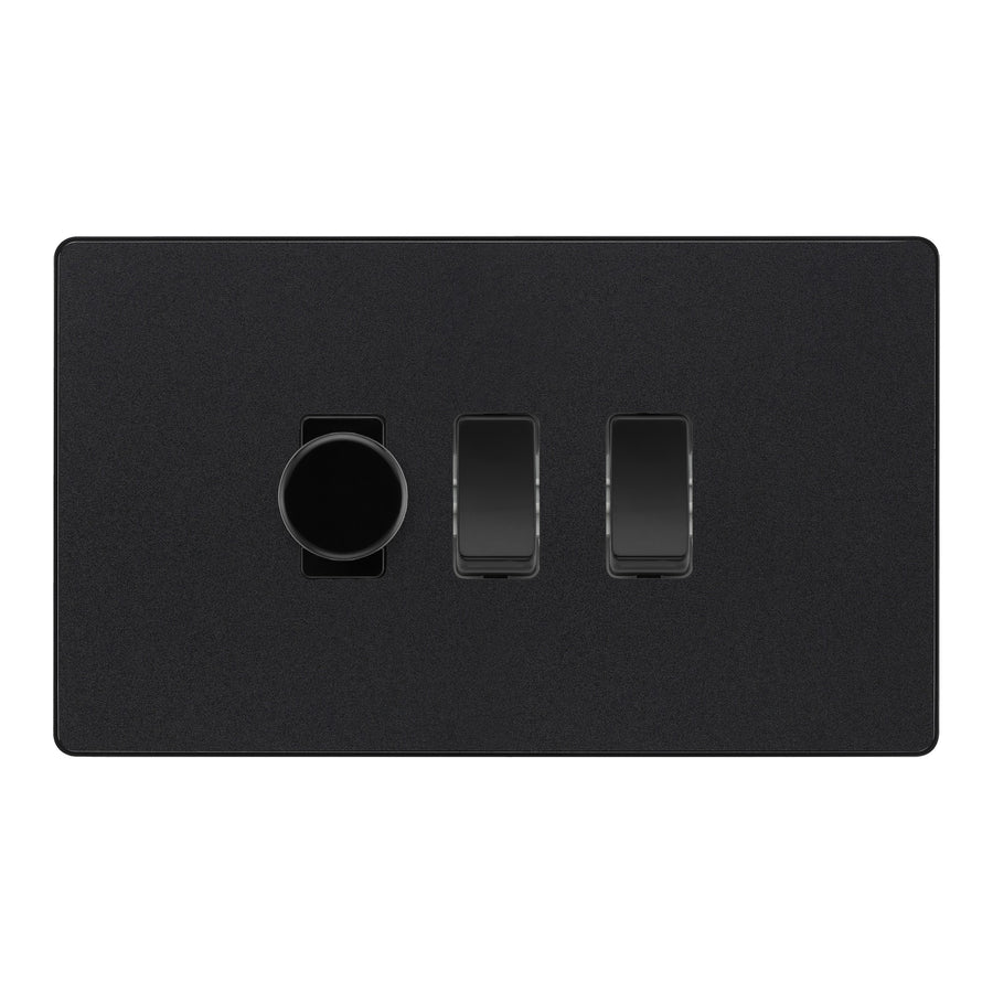 BG Evolve Matt Black 3 Gang Switch 1x Trailing Edge LED Dimmer 2x Intermediate Custom Grid Switch