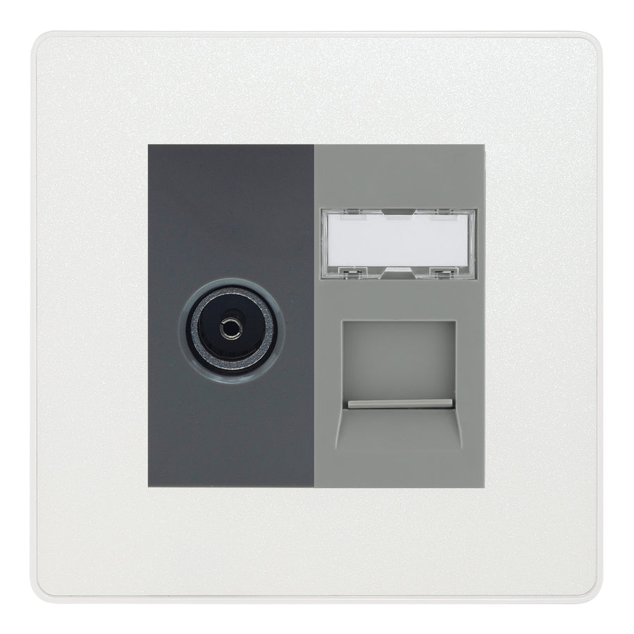 BG Evolve Pearlescent White TV Aerial & RJ45 CAT6 Data Socket - Grey Insert