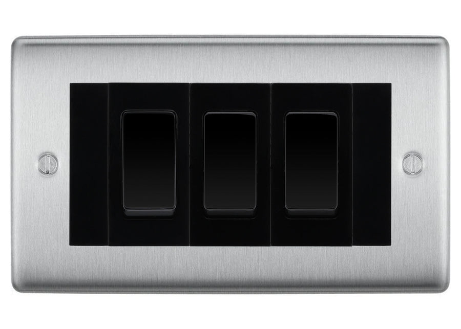BG Nexus Brushed Steel 3 Gang 20AX 2-Way Switch Custom Grid - Black Insert