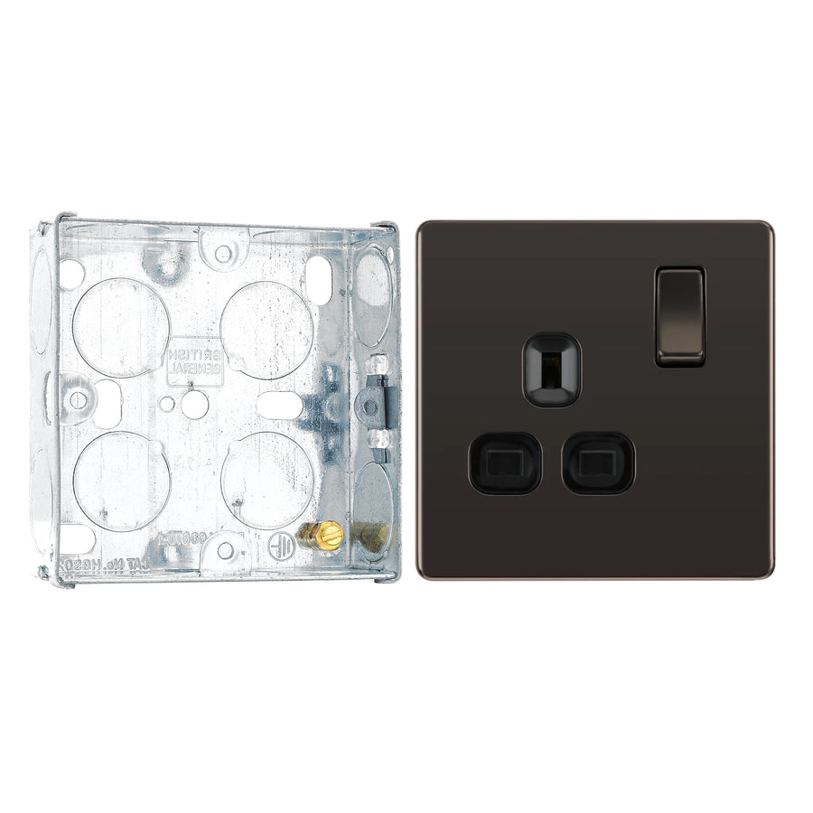BG Screwless Black Nickel 13A Single Socket FBN21B with 25mm Steel Back Box