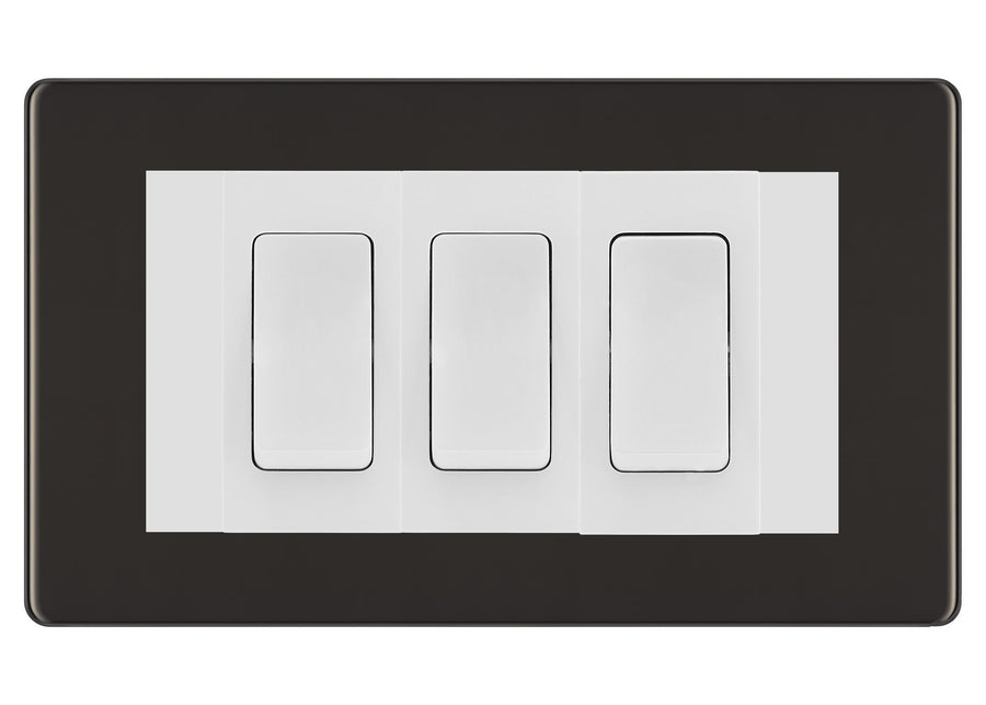 BG Black Nickel Screwless 3G Switch 1x Intermediate 2x 2 Way Switch - White Insert