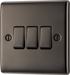 NBN43 Front - This black nickel finish 20A 16AX triple light switch from British General can operate 3 different lights whilst the 2 way switching allows a second switch to be added to the circuit to operate the same light from another location (e.g. at the top and bottom of the stairs).