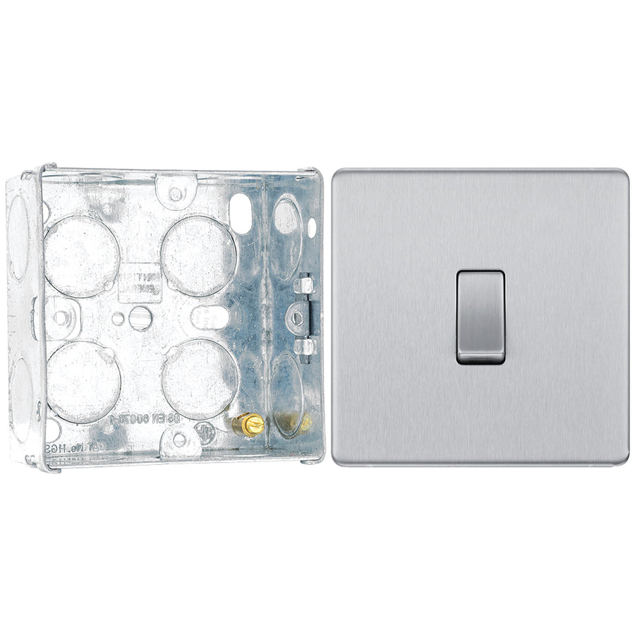 BG Screwless Brushed Steel 20A 16AX Intermediate Light Switch FBS13 with 35mm Steel Back Box