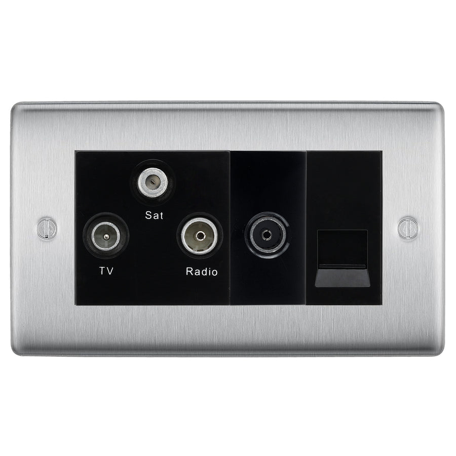 BG Nexus Brushed Steel TV/FM/SAT + Return & 1 Gang Tel - Screened Triplex Socket NBS68B
