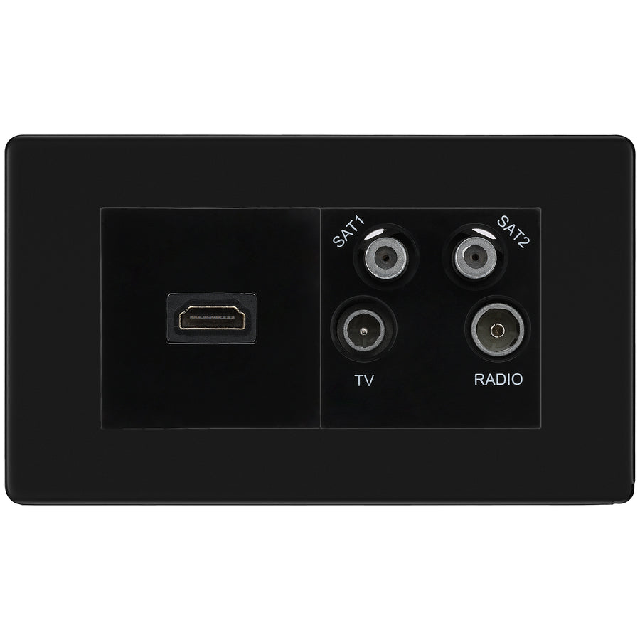 BG Screwless Matt Black 4G Faceplate with HDMI + TV/FM/SAT Module - Black
