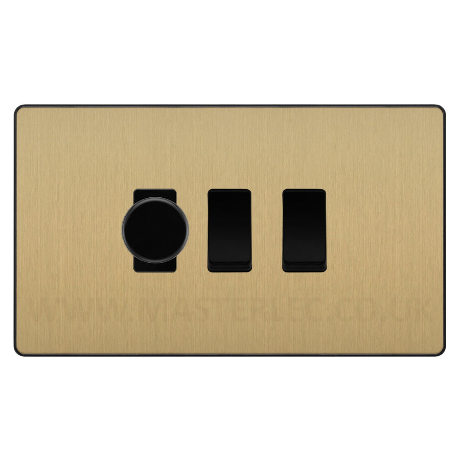 BG Evolve Satin Brass 3 Gang Switch 1x Trailing Edge LED Dimmer 2x Intermediate Custom Grid Switch