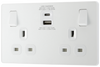 PCDCL22UAC30W Front - This Evolve pearlescent white 13A power socket from British General with integrated fast charge USB-A and USB-C ports delivers a 50% charge to mobile phones in just 30 minutes. 