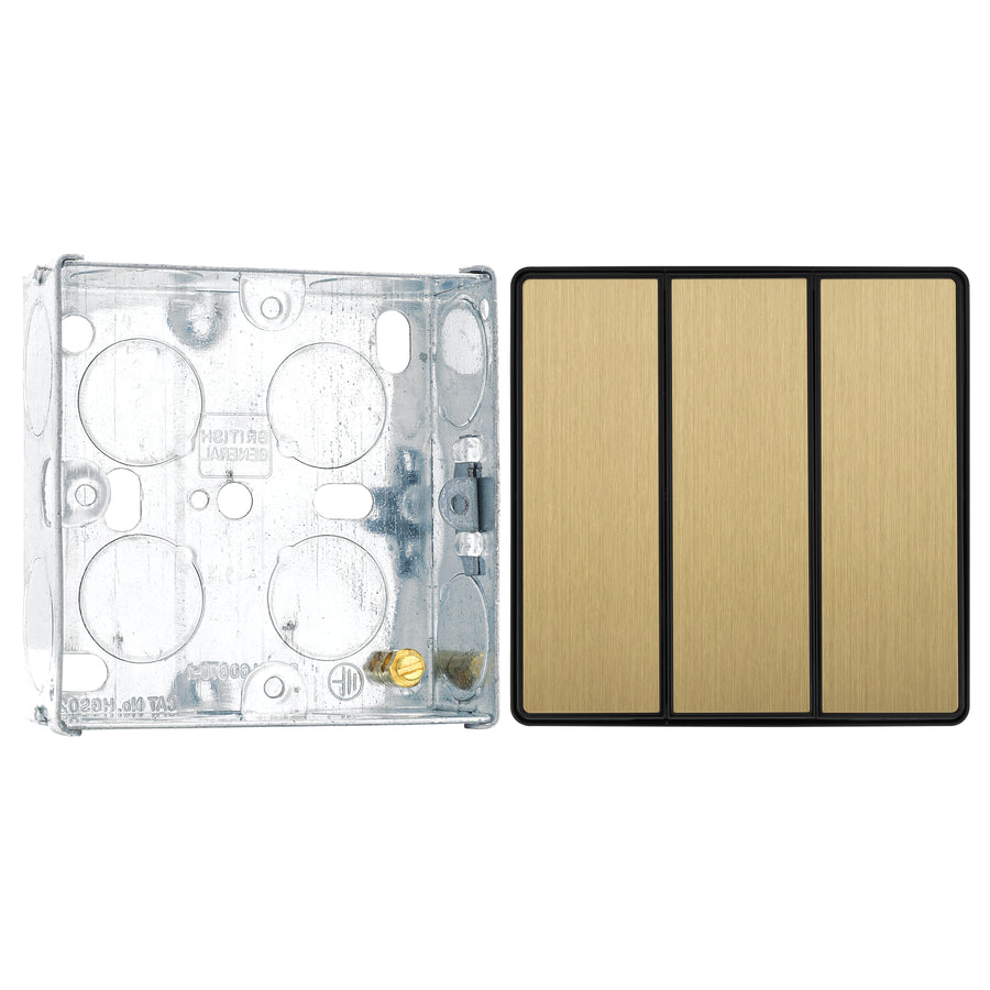 BG Evolve Satin Brass 2 Way Triple Edge to Edge Rocker Switch PCDSB43EB with 25mm Steel Back Box