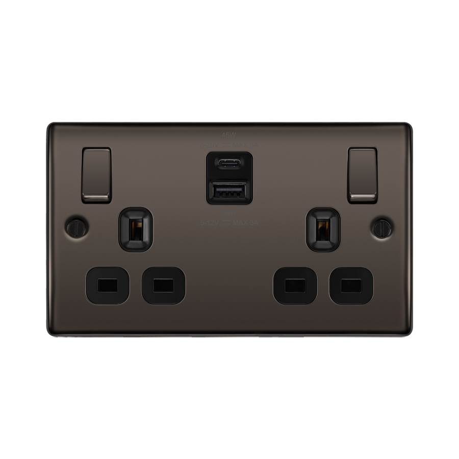 BG NBN22UAC45B Nexus Metal | Black Nickel - Black insert | USB A + C | 2 Gang Switched Socket