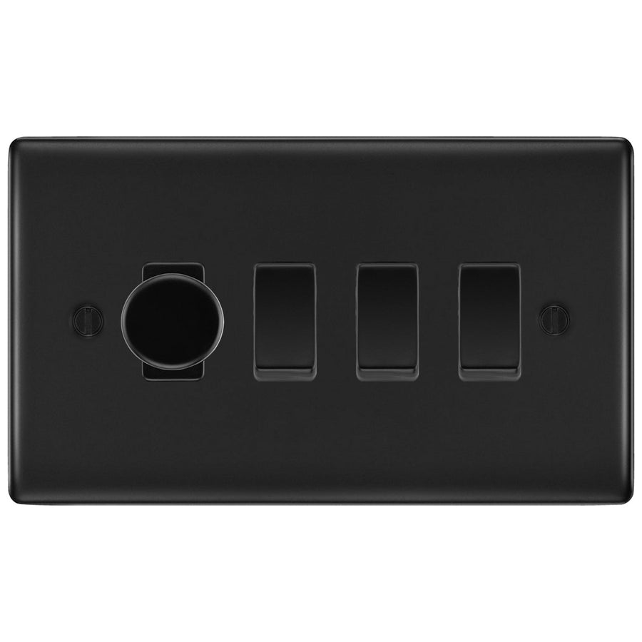 BG Matt Black 4 Gang Switch 1x Trailing Edge LED Dimmer 3x 2 Way Custom Grid Switch