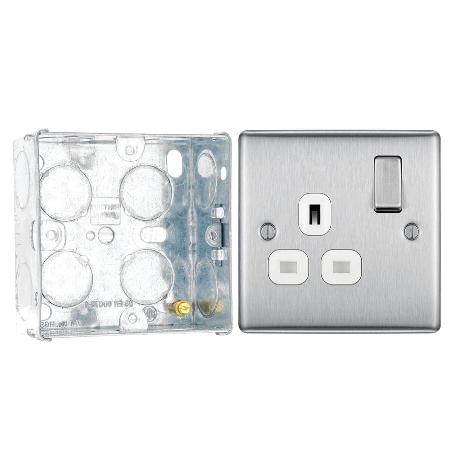 BG Nexus Metal Brushed Steel 13A Single Switched Socket NBS21W with 35mm Steel Back Box