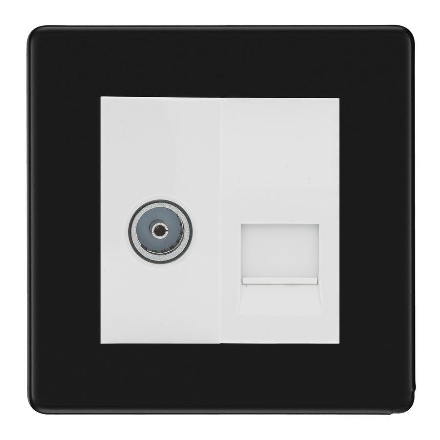 BG Screwless Matt Black TV Aerial & Master Telephone Socket — White Insert