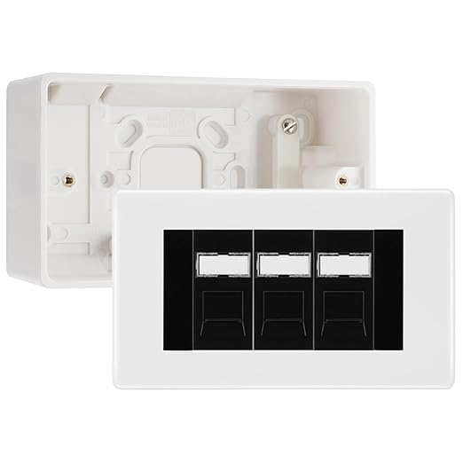 BG Nexus White RJ45 CAT6 Module with 3 Gang Faceplate, 3 Port Network Socket & 50mm Back Box (Black Insert)