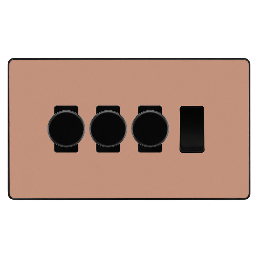 BG Evolve Polished Copper 4 Gang Light Switch 3x Trailing Edge LED Dimmer 1x 2 Way Custom Switch