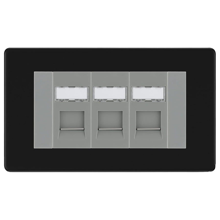 BG Screwless Matt Black 3 Gang RJ45 Cat6 Data Socket Outlet Grey Inserts