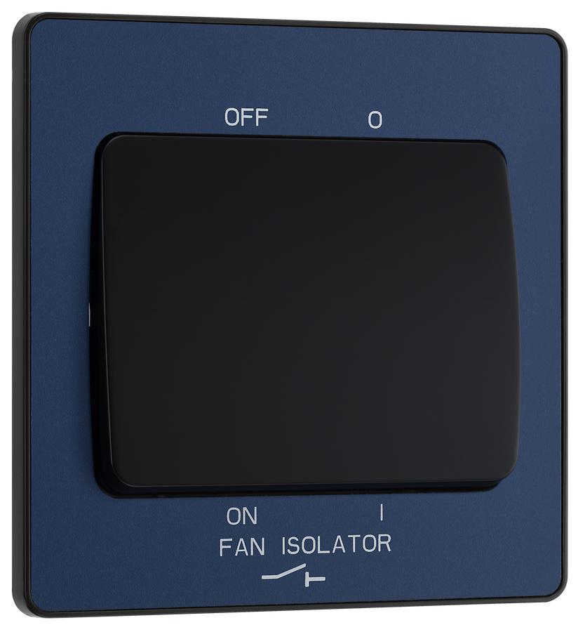 PCDDB15B Front - This Evolve Matt Blue 10A triple pole fan isolator switch from British General provides a safe and simple method of isolating mechanical fan units. This switch has a low profile screwless flat plate that clips on and off, making it ideal for modern interiors.