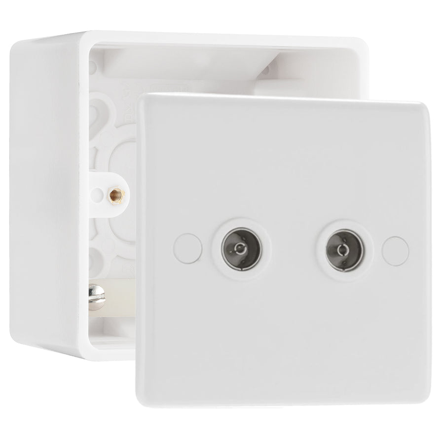 BG Electrical Double Isolated Co-Axial TV Socket White & 50mm Pattress Back Box