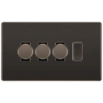 BG Screwless Black Nickel 4 Gang Switch 3x Trailing Edge LED Dimmer 1x Intermediate Custom Grid Switch