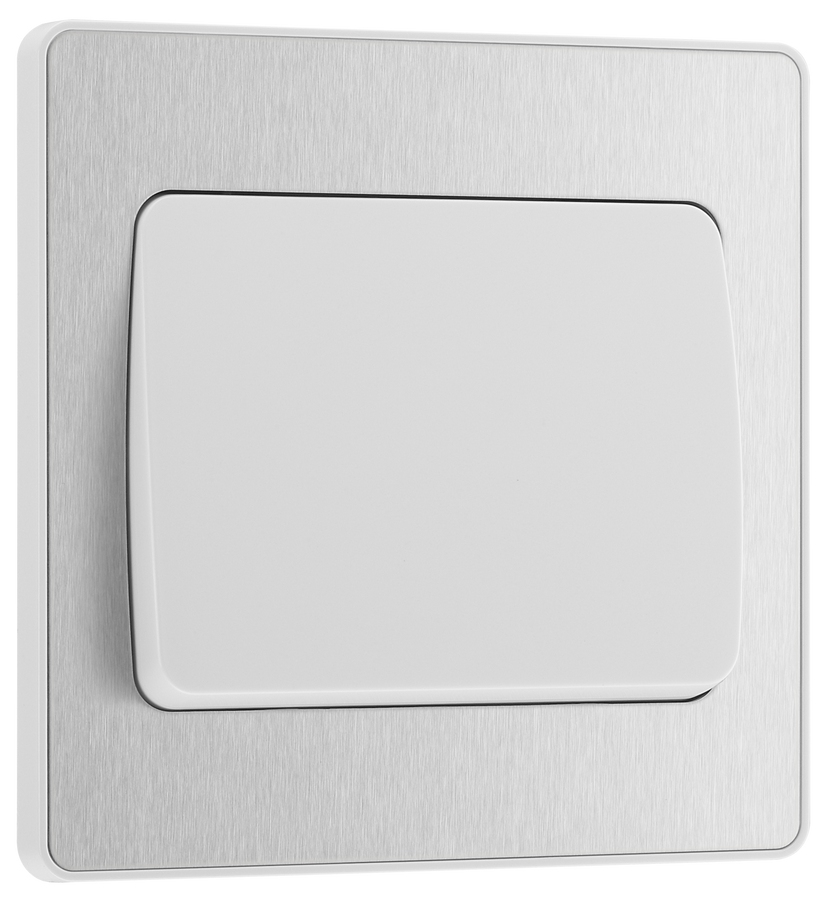 PCDBS12WW Front - This Evolve Brushed Steel 20A 16AX single light switch from British General will operate one light in a room.