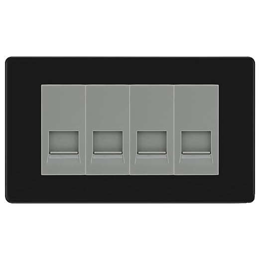 BG Screwless Matt Black 4 Gang RJ11 Telephone Socket Euro Module - Grey Insert