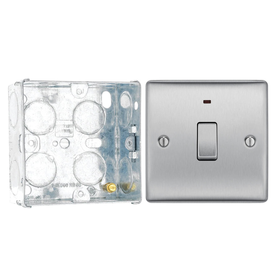 BG Nexus Brushed Steel 1 Gang 20A 2 Pole Neon Switch NBS31 with 35mm Steel Back Box