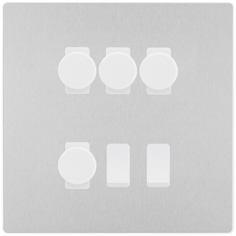 BG Evolve Brushed Steel 6 Gang Switch 4x Trailing Edge LED Dimmer 2x 2Way Custom Grid Switch