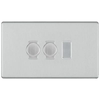 BG Screwless Brushed Steel 3 Gang Switch 2x Trailing Edge LED Dimmer 1x Intermediate Custom Grid Switch