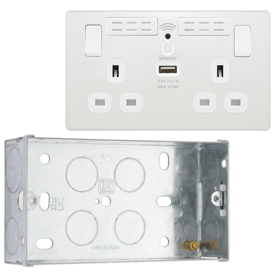 BG Evolve Pearlescent White Double USB Socket with WiFi Extender PCDCL22UWRW with 35mm Steel Back Box
