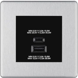 BG Brushed Steel 45W USB Wall Socket Euro Module USB-A & C - Black Insert