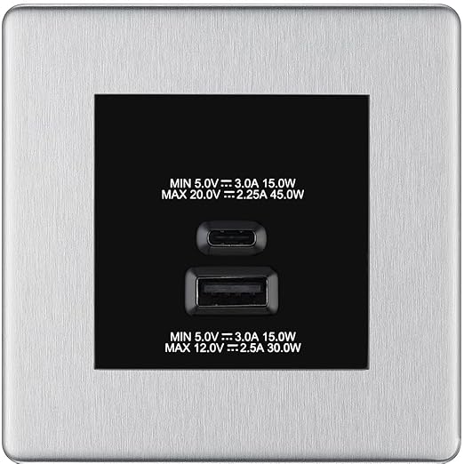 BG Brushed Steel 45W USB Wall Socket Euro Module USB-A & C - Black Insert