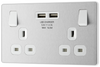 PCDBS22U3W Front - This Evolve Brushed Steel 13A double power socket from British General comes with two USB charging ports, allowing you to plug in an electrical device and charge mobile devices simultaneously without having to sacrifice a power socket.