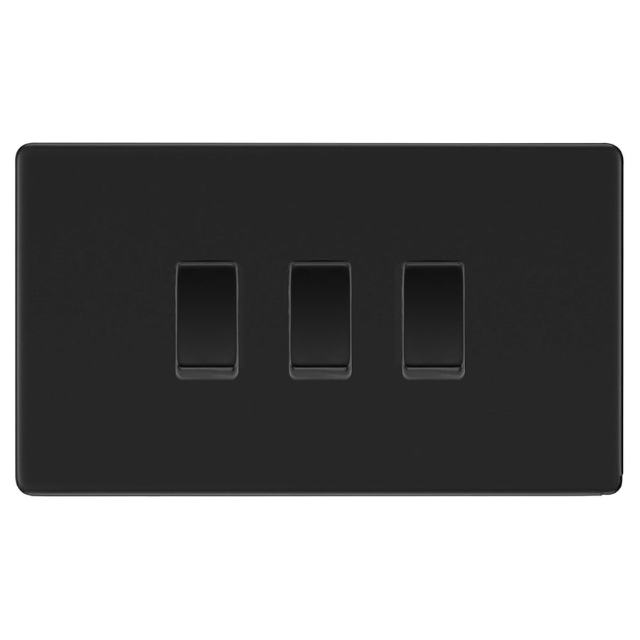 BG Screwless Matt Black Triple Light Switch in Double Format 3 Gang Switch