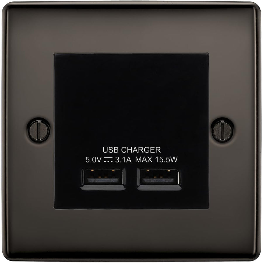 BG Nexus Metal Black Nickel Dual USB Charger 3.1A Output Socket - Black Insert