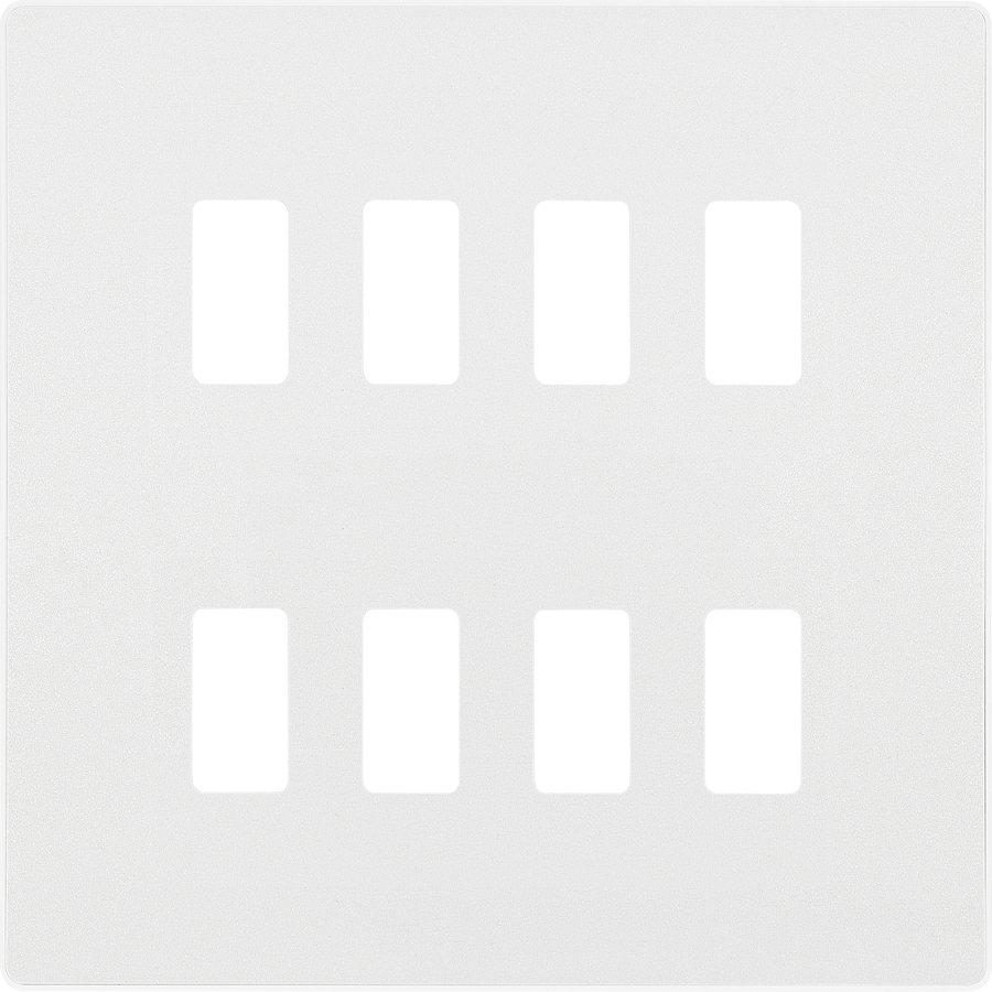 RPCDCL8W Front - The Grid modular range from British General allows you to build your own module configuration with a variety of combinations and finishes. This pearlescent white finish Evolve front plate clips on for a seamless finish, and can accommodate 8 Grid modules - ideal for commercial applications.