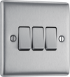 NBS43 Front - This brushed steel finish 20A 16AX triple light switch from British General can operate 3 different lights whilst the 2 way switching allows a second switch to be added to the circuit to operate the same light from another location (e.g. at the top and bottom of the stairs).