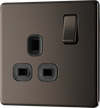 FBN21B Front - This Screwless Flat plate black nickel finish 13A single switched socket from British General has a sleek flat profile that clips on and off for a screwless premium finish with no visible plastic around the switch.