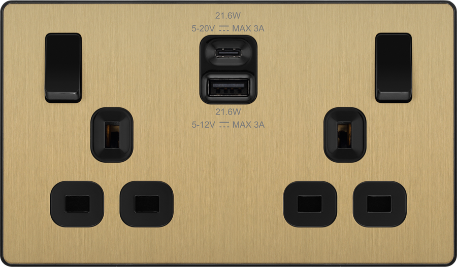 BG Evolve PCDSB22UAC22B 13A Double Switched Socket + USB A+C (22W) - Satin Brass