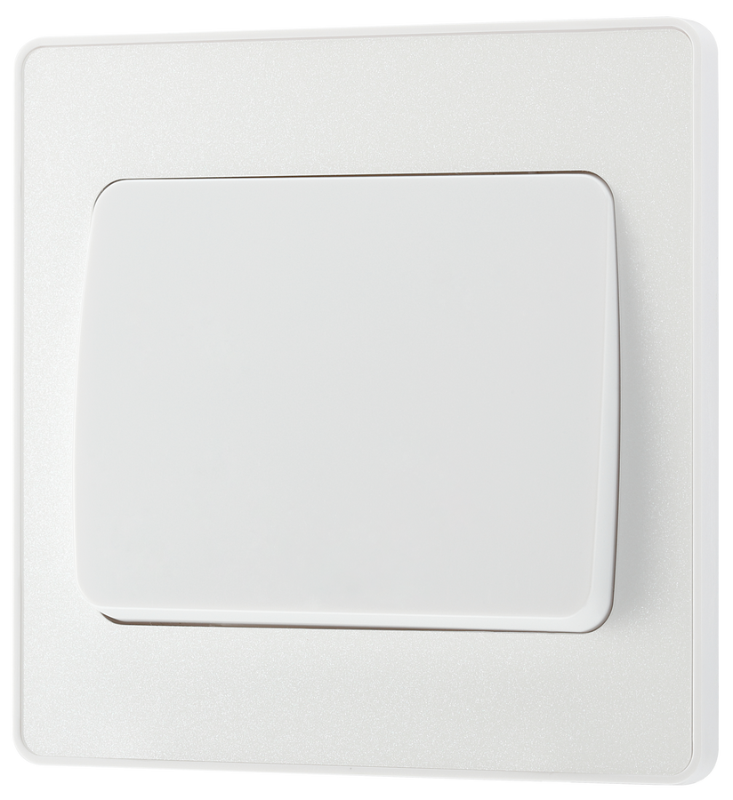 PCDCL12WW Front - This Evolve pearlescent white 20A 16AX single light switch from British General will operate one light in a room. The 2 way switching allows a second switch to be added to the circuit to operate the same light from another location (e.g. at the top and bottom of the stairs).