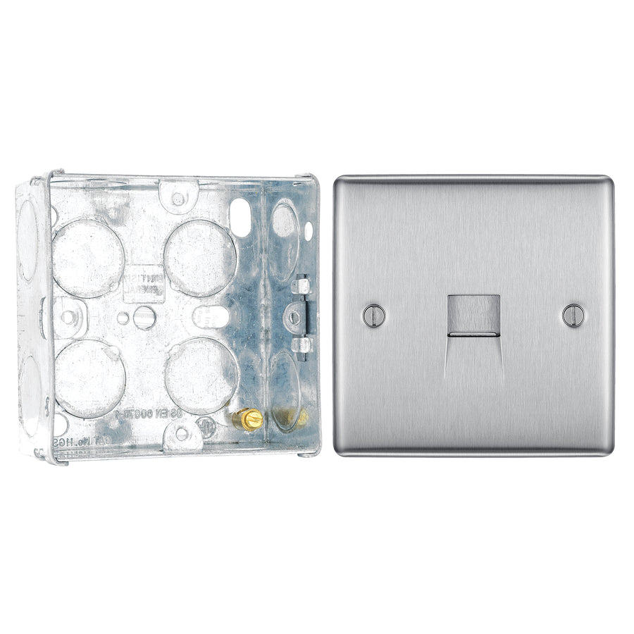 BG Nexus Brushed Steel Single Slave Telephone Socket NBSBTS1 With 35mm Steel Back Box